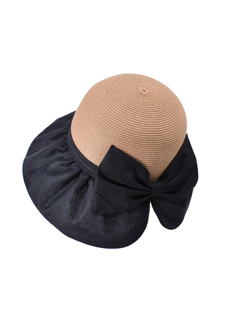 Women Summer Colorblock Straw Bowknot Sunproof Hat