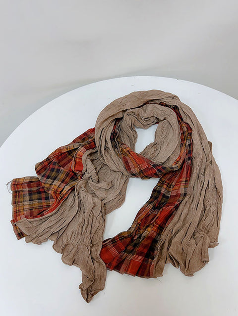 Women Vintage Plaid Spliced Cotton Scarf