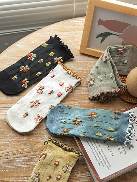 5 Pairs Women Summer Artsy Flower Jacquard Socks