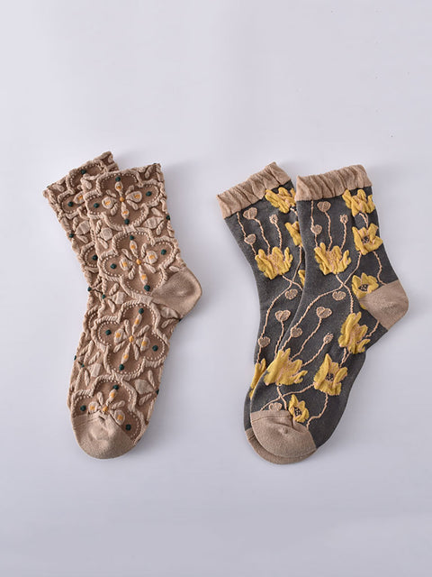 5 Pairs Women Autumn Vintage Flower Jacquard Socks