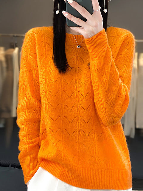 Women Autumn O-Neck Wool Hollow Out Knit Sweater