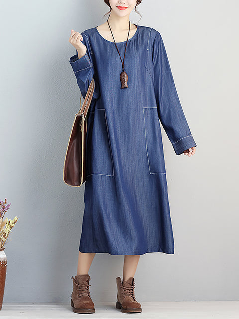 Women Casual Spring Simple Round Neck Loose Dress