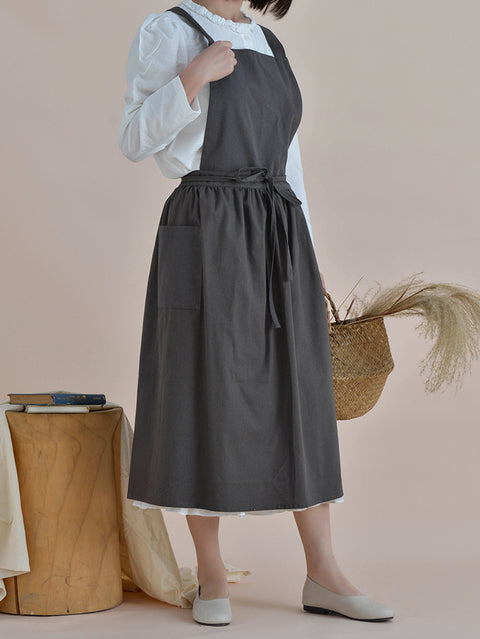 Women Casual Solid Summer Cotton Apron Dress