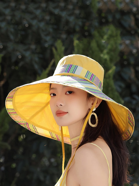 Women Ethnic Stripe Colorblock Strap Sunproof Hat