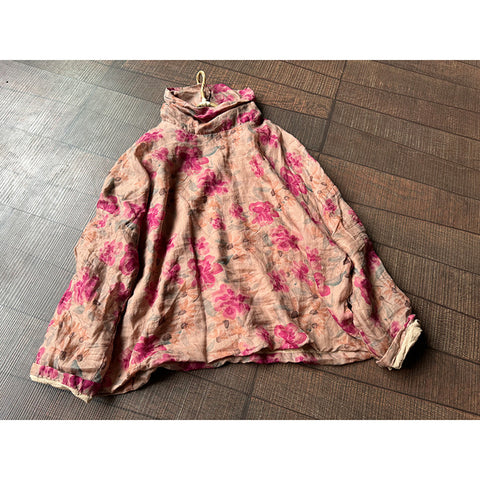 Women Autumn Artsy Turtleneck Floral Ramie Blouse