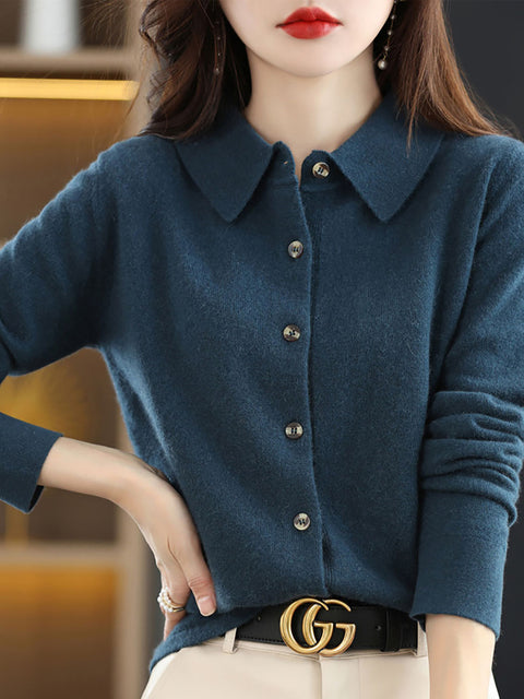 Women Autumn Wool Turn-down Collar Knit Cardigan Sweater