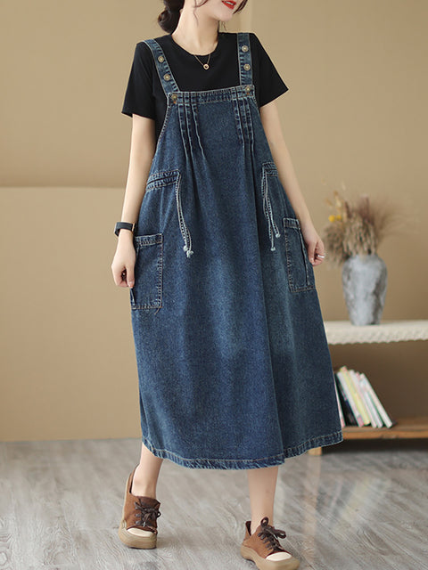 Women Summer Retro Pleat Drawstring Pocket Denim Dress