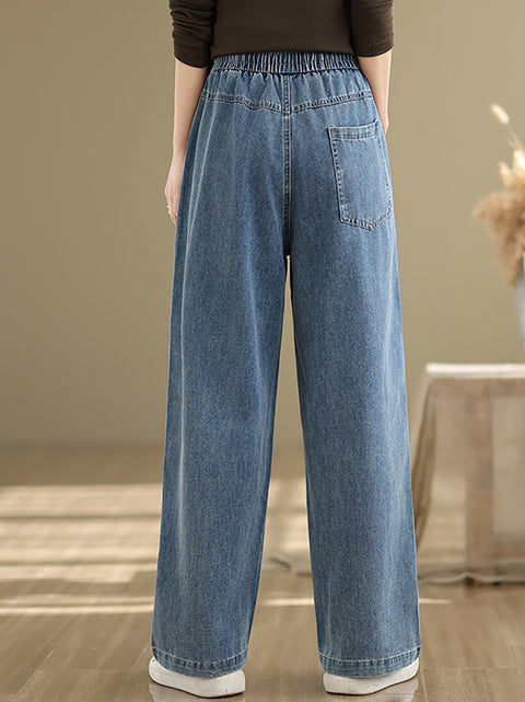 Women Spring Casual Pure Color Denim Straight Pants