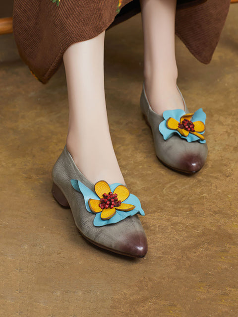 Women Fashion Flower Leather Spliced Low Heel Shoes