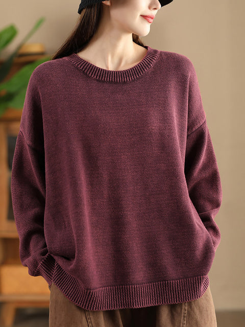 Women Autumn Casual O-Neck Pure Color Knit Sweater