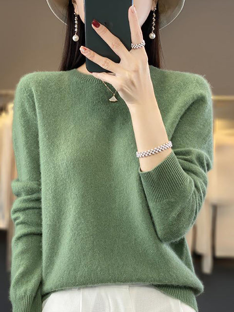 Women Autumn Solid Knit 100%Wool O-Neck Sweater