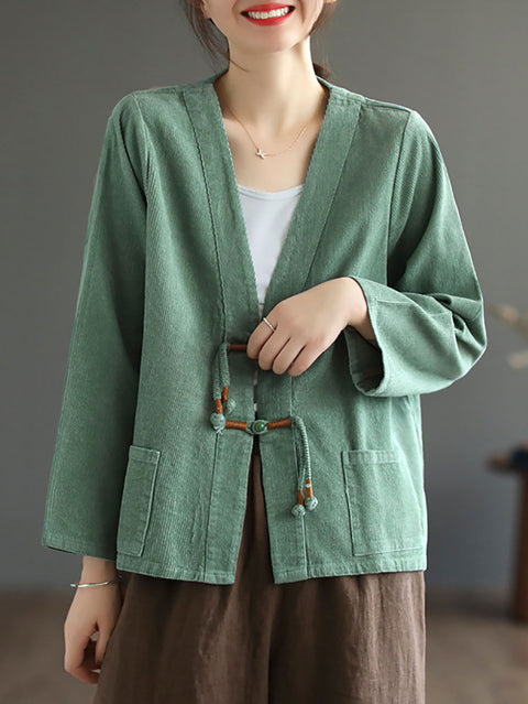 Plus Size Women Autumn Ethnic Solid Button 100%Cotton Coat