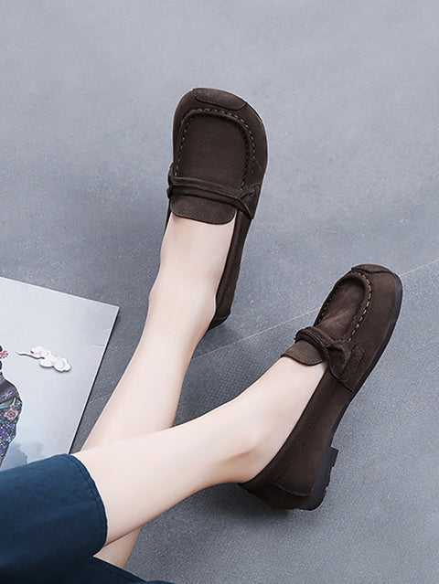 Women Vintage Leather Square-Toe Flat Shoes