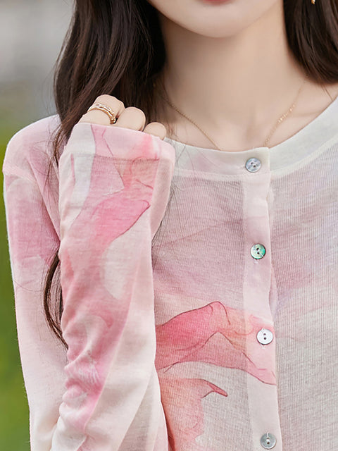 Women Spring Casual Flower O-Neck Thin Shirt