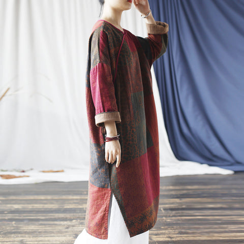 Women Vintage Spring Spliced Cotton Robe Dress