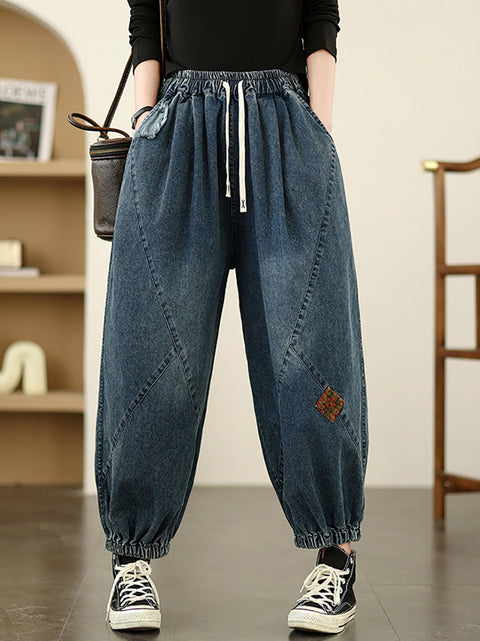 Women Spring Retro Patch Denim Harem Pants