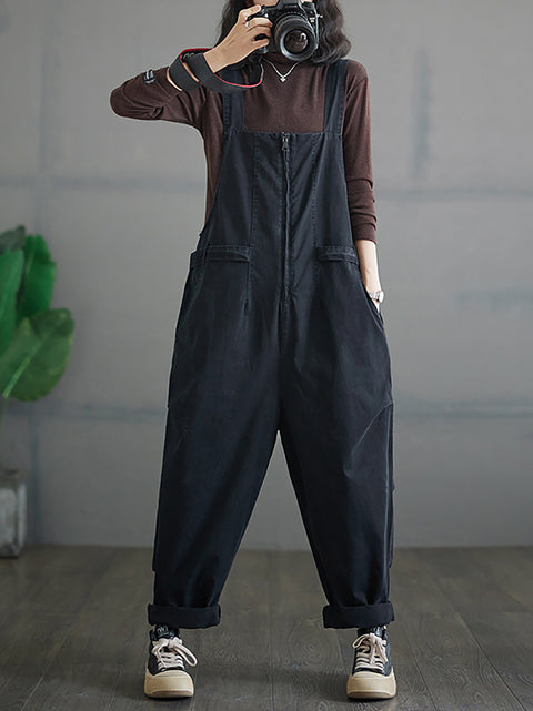 Women Autumn Vintage Zipper Casual Loose Solid Jumpsuits