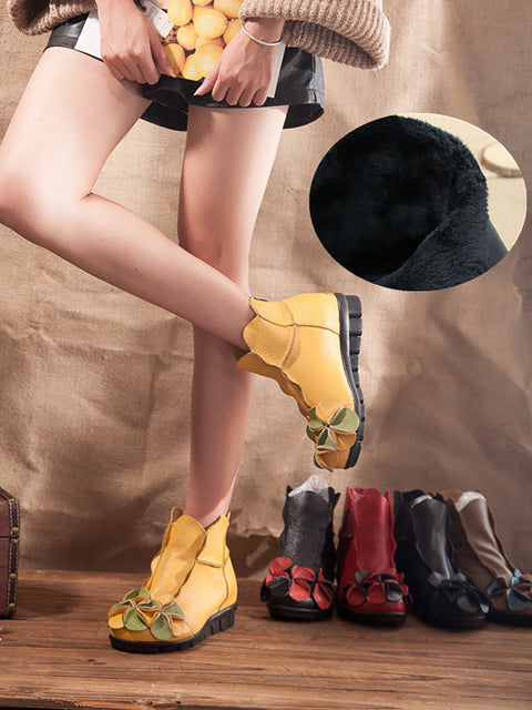 Women Winter Retro Leather Flower Spliced Ankle Boots