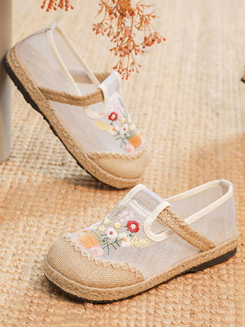 Women Summer Flower Embroidery Linen Spliced Shoes