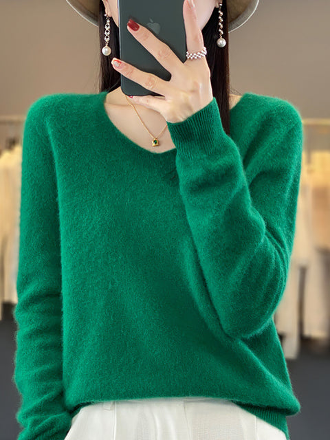 Women Autumn Pure Color V-Neck Knit Sweater