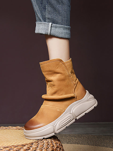 Women Winter Genuine Leather Spliced Platfrom Boots