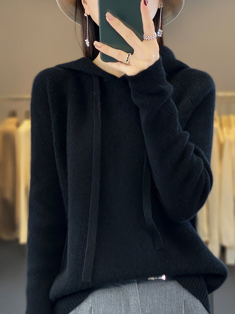 Women Winter Casual Solid Hooded Wool Sweater