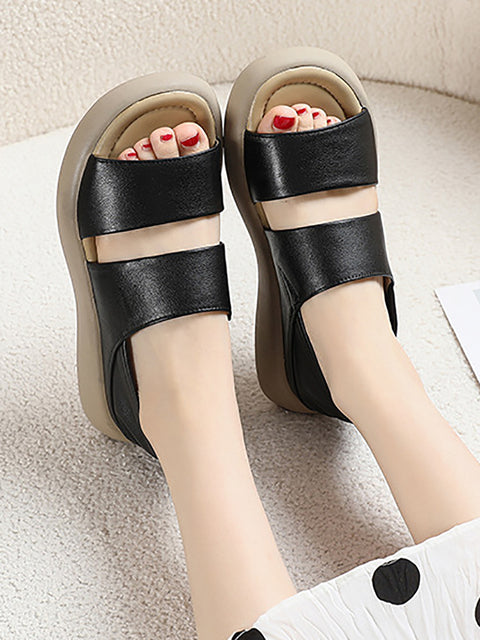 Women Summer Solid Leather Soft Flat Peep-toe Shoes