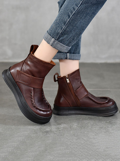 Women Vintage Soft Leather Spliced Flat Ankle Boots