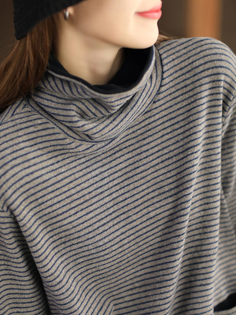 Plus Size Women Casual Stripe Turtleneck Sweatshirt