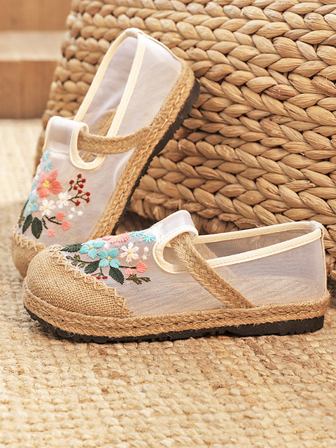 Women Summer Vintage Embroidery Linen Flat Shoes