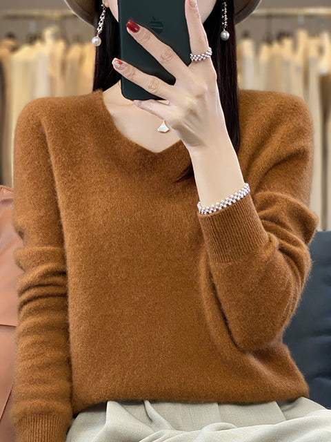 Women Autumn Pure Color V-Neck Knit Sweater