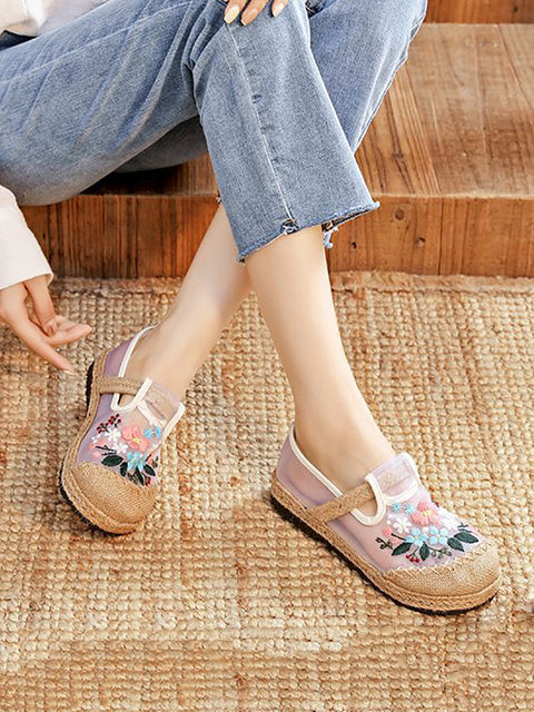 Women Summer Vintage Embroidery Linen Flat Shoes