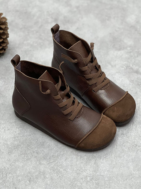 Women Winter Vintage Leather Drawstring Splicing Ankle Boots