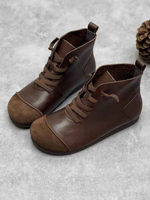 Women Winter Vintage Leather Drawstring Splicing Ankle Boots