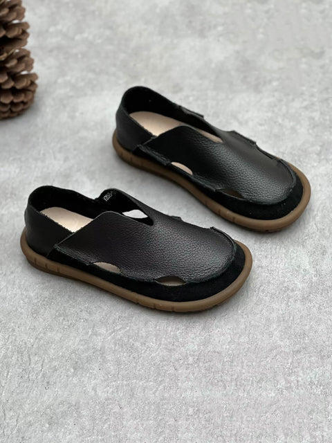 Women Retro Summer Solid Leather Hollow Out Flat Shoes