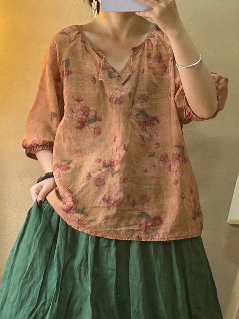 Women Vintage Flower V-neck Drawstring Ramie Shirt