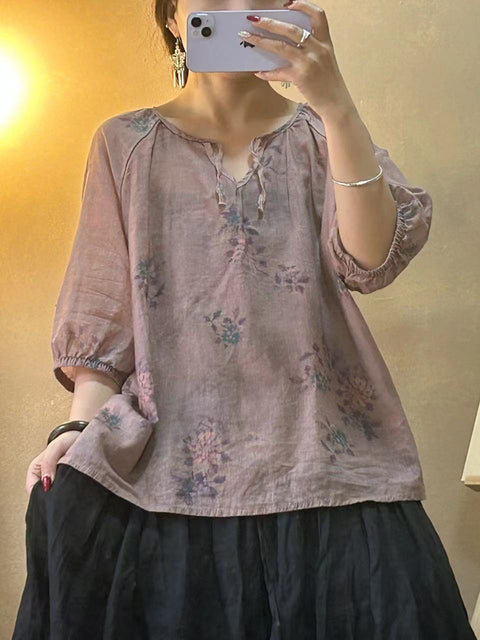 Women Vintage Flower V-neck Drawstring Ramie Shirt