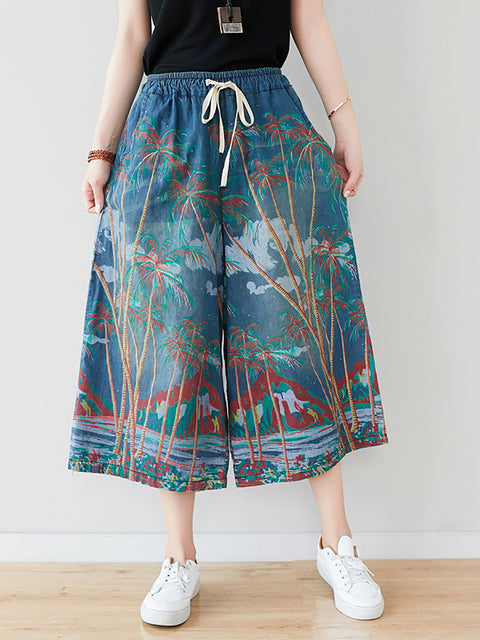 Women Summer Artsy Print Pocket Wide-leg Denim Pants