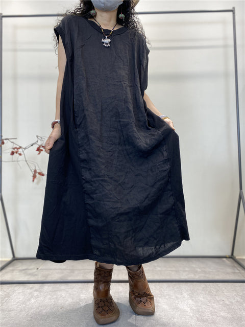 Plus Size Women Summer Vintage Spliced Loose Cotton Vest Dress