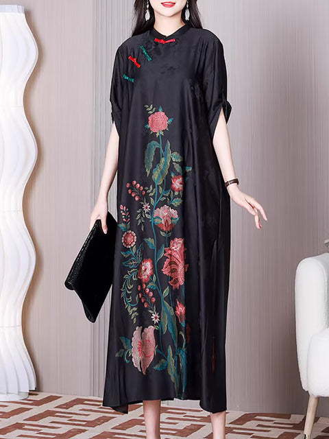 Plus Size Women Ethnic Flower A-shape Loose Dress