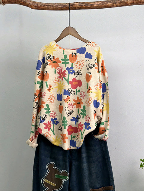 Women Autumn Cute Flower Print Knitted Shirt