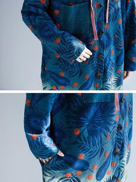 Women Artsy Leaf Gradual Print Denim Hooded Long Coat