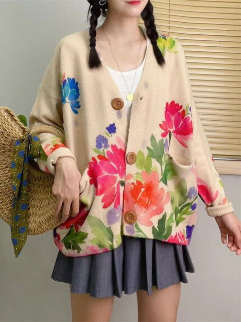 Women Spring Flower Knitted V-Neck Cardigan Sweater