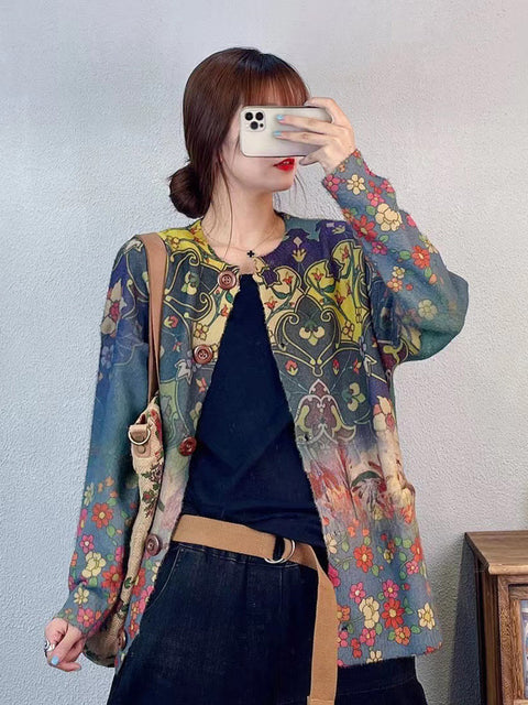 Women Winter Artsy Flower Print Knitted Cardigan Sweater