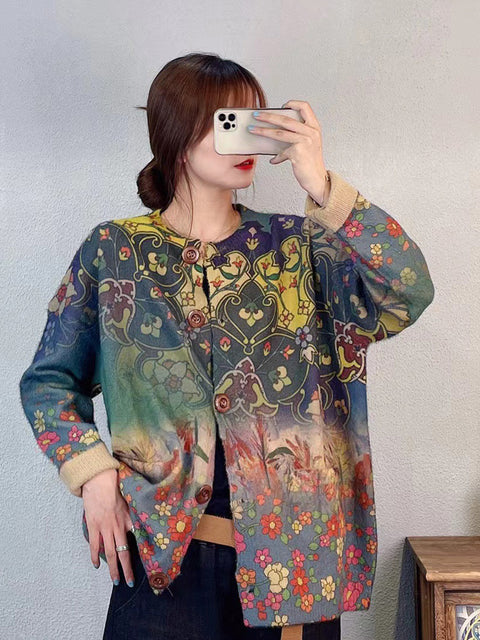 Women Winter Artsy Flower Print Knitted Cardigan Sweater