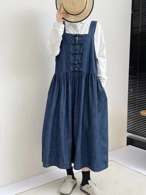 Women Spring Vintage Buckle Denim Vest Dress