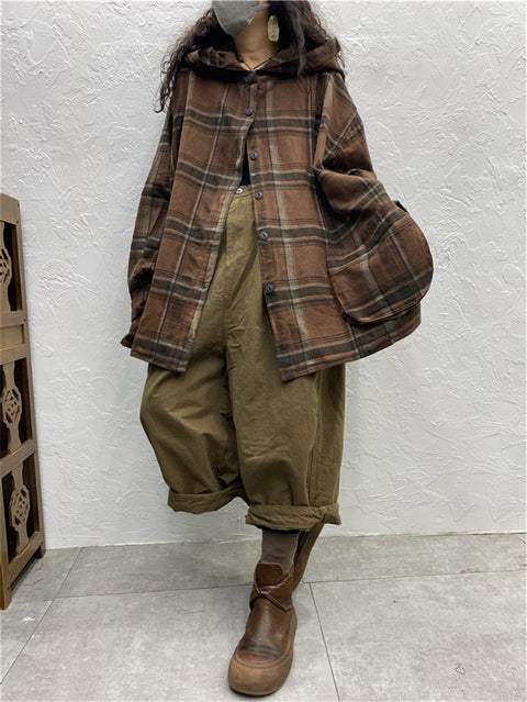 Plus Size Women Vintage Plaid Spring Hooded Shirt Coat