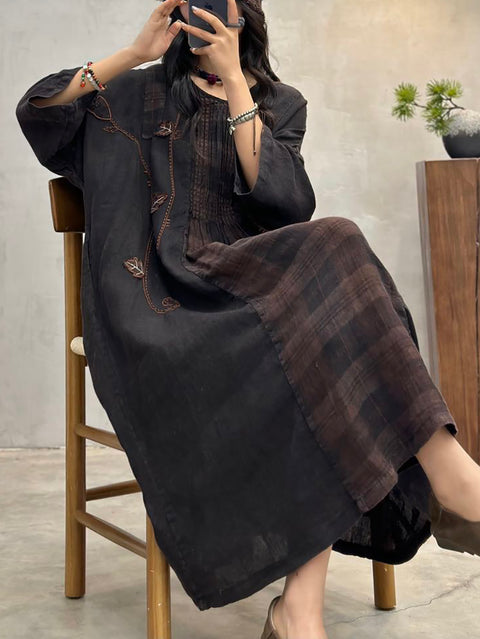 Women Spring Vintage Plaid Spliced Shirred Linen Dress