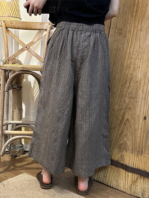 Plus Size Women Spring Plaid Wide-leg Cotton Linen Pants