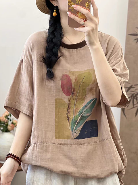 Women Summer Cotton Summer Feather Print Shirt